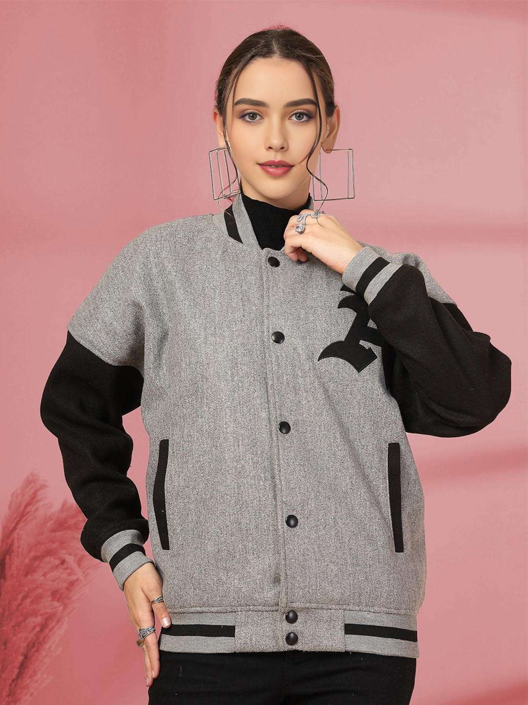 CHKOKKO Women Oversized Winter Wear Varsity Jacket with Ribbed Cuffs