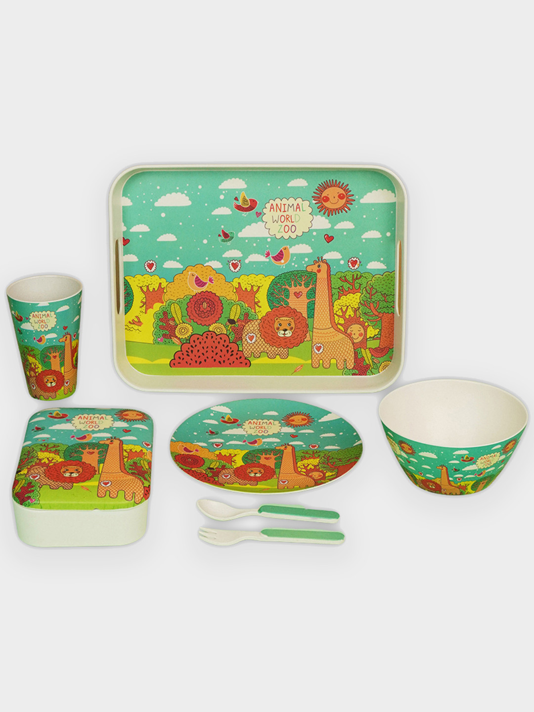 Little Surprise Box LLP Jungle Theme Green Graphic Bamboo Fiber Easy to Clean 7 Piece Dinner Set