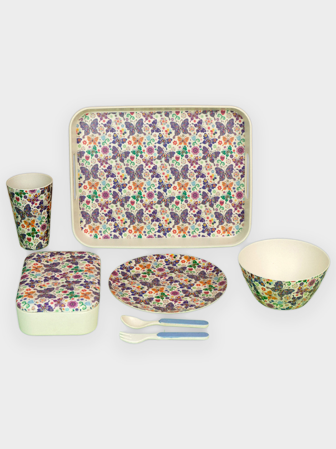 Little Surprise Box LLP Butterfly Theme Blue Floral Eco friendly Bamboo Fibre Easy to Clean 7 Piece Dinner Set