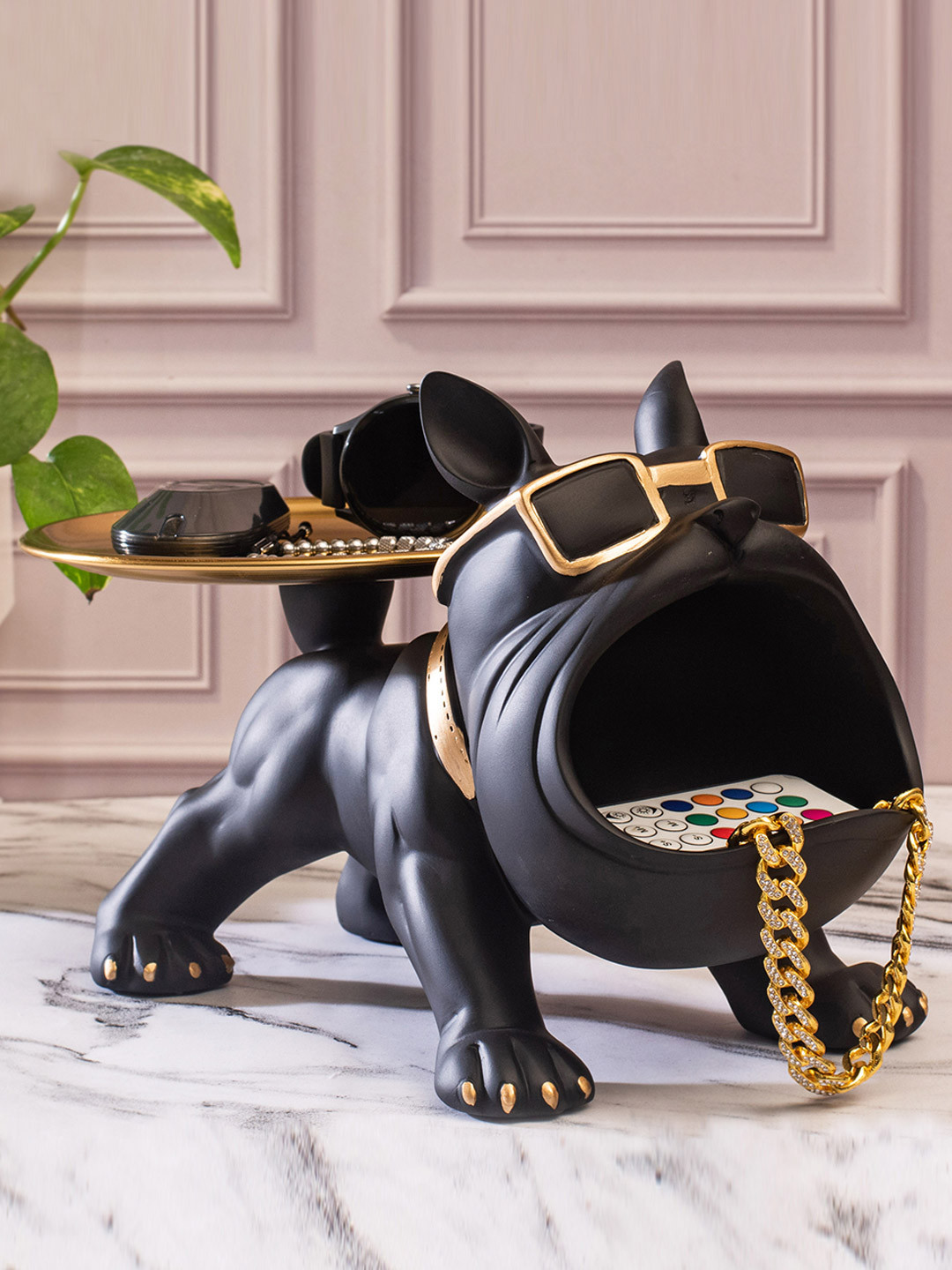SMOKEY COCKTAIL Bulldog Black Polyresin Natural Living Room Medium Showpiece -