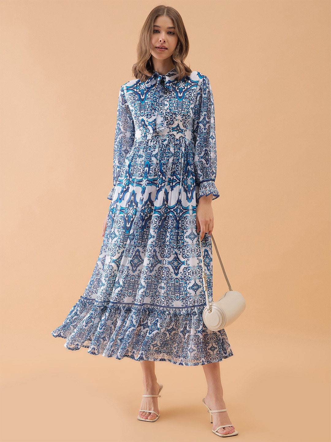 OCTICS Women Ethnic Motifs Printed Tie-Up Neck Fit & Flare Dress