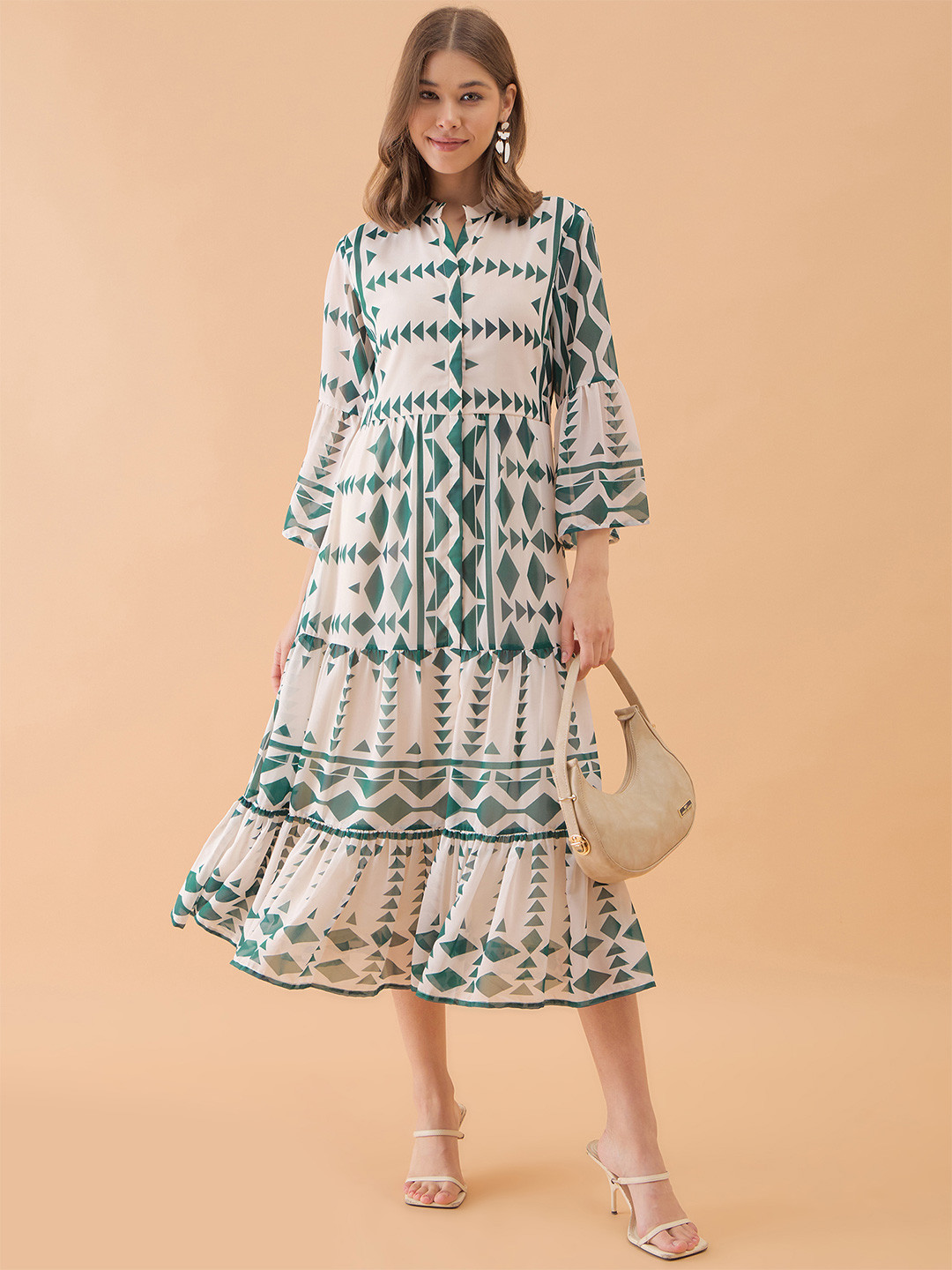 OCTICS Women Geometric Printed Mandarin Collar A-Line Dress