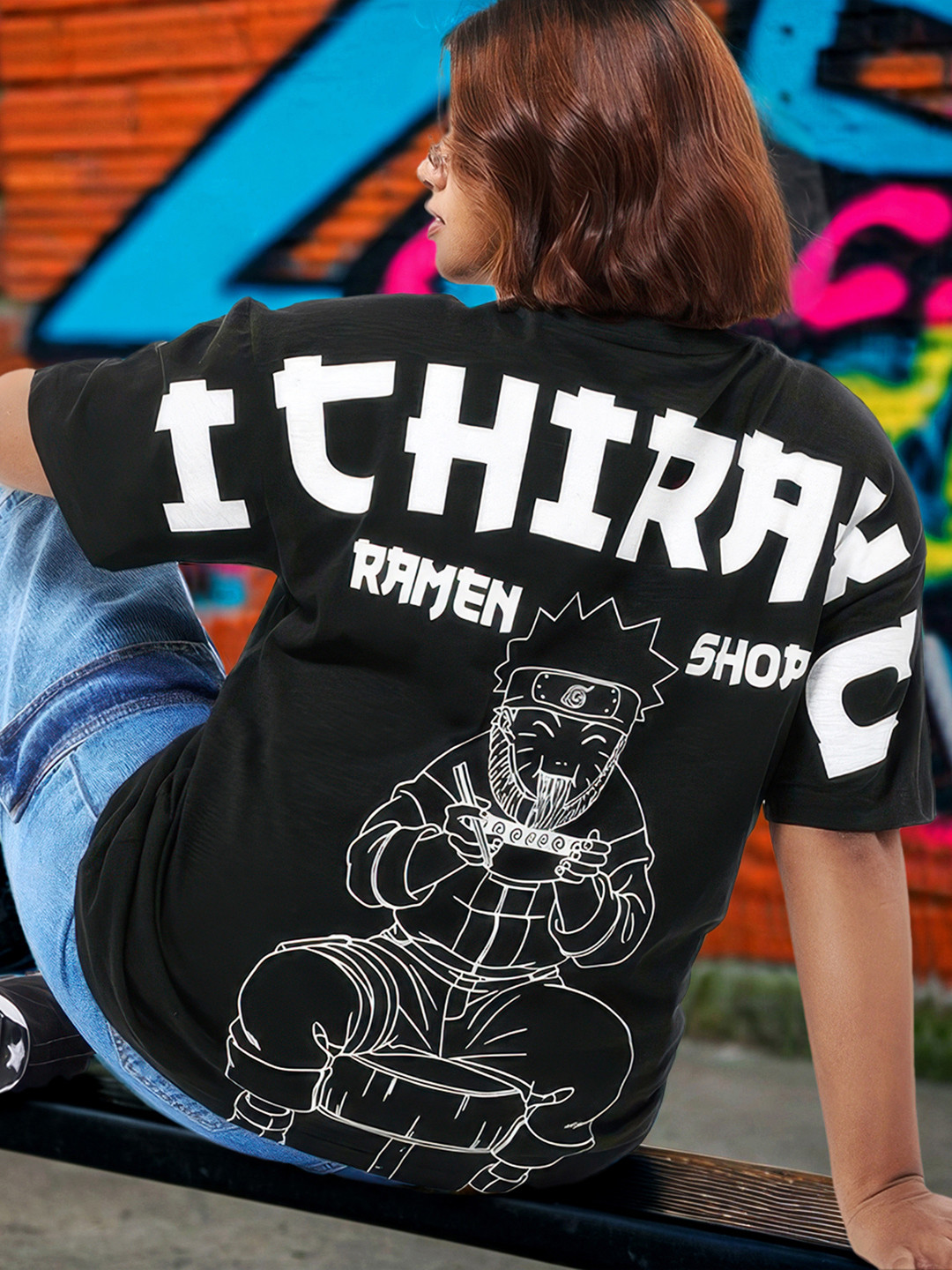Bewakoof Air 1.0 Women Black Ichiraku Ramen Shop Graphic Printed Oversized Plus Size T-shirt