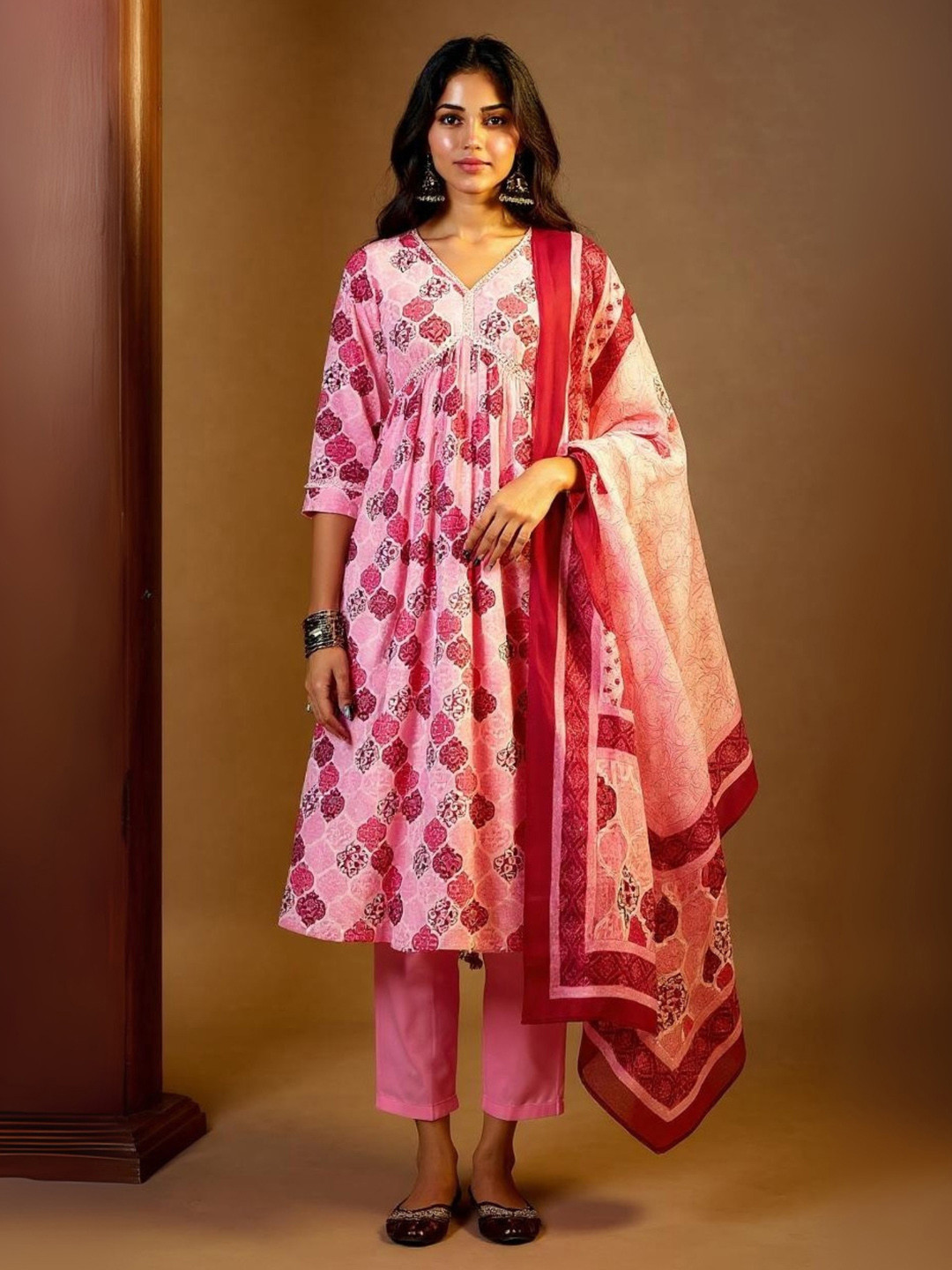 Indo Era Printed Mirror Work Pure Cotton Kurta With Trousers & Dupatta
