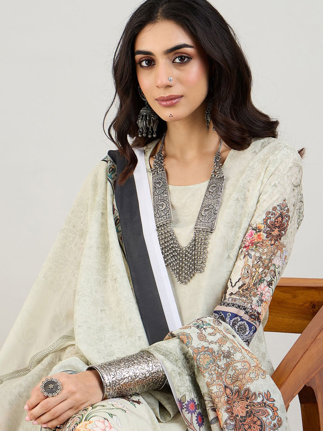 Indo Era Green Floral Printed Straight Kurta with Trousers & Dupatta