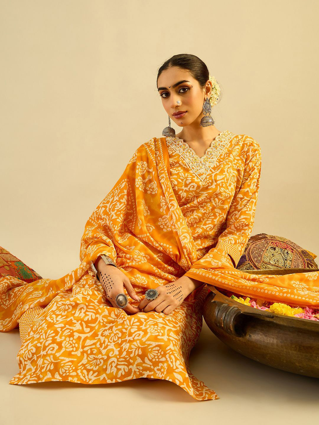 Indo Era Mustard Yellow Floral Printed V-Neck Thread Work Kurta with Trousers & Dupatta