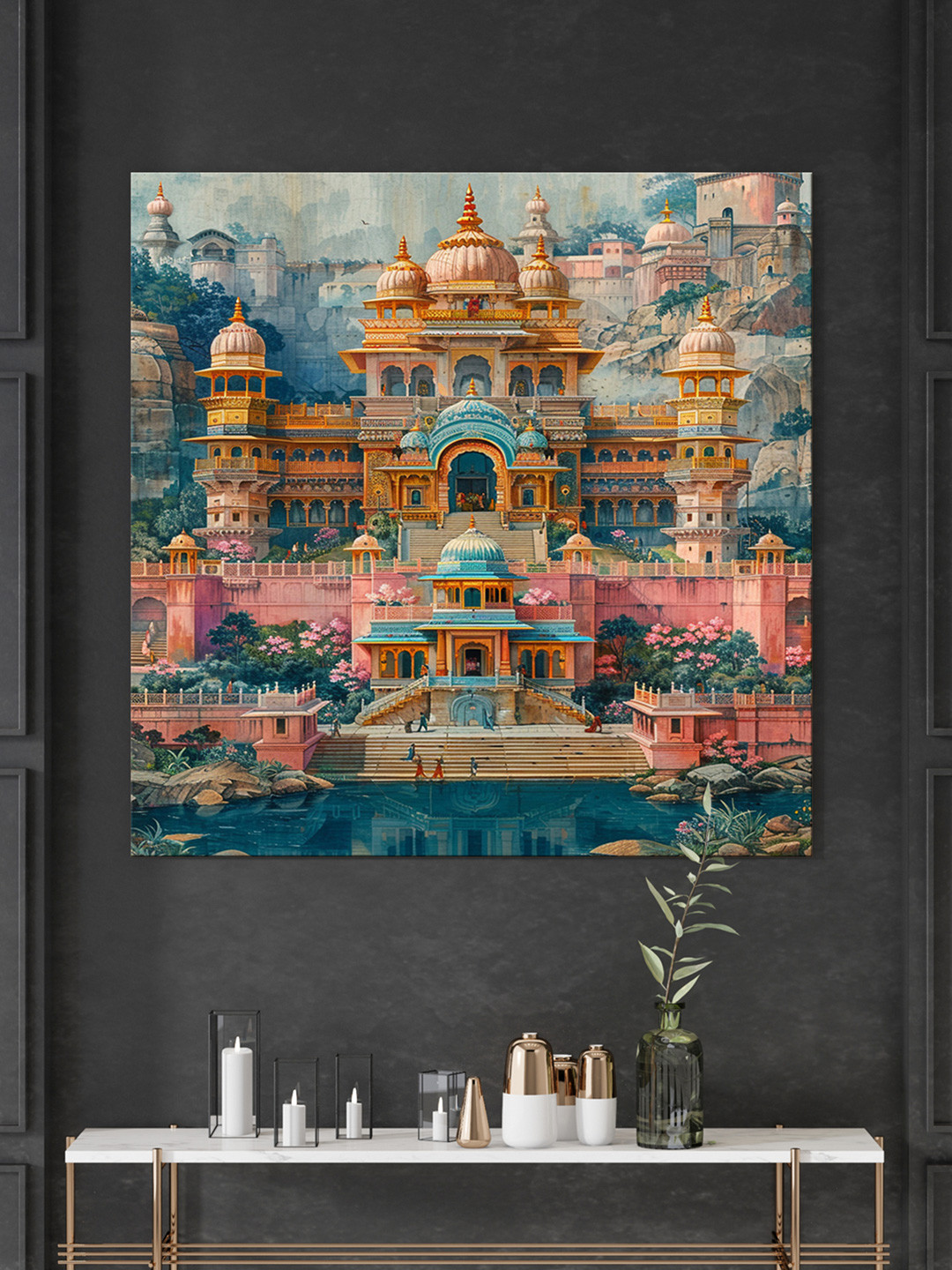999Store Blue & Pink Indian Palace Nestled Among Lush Hills Canvas Wall Paintings