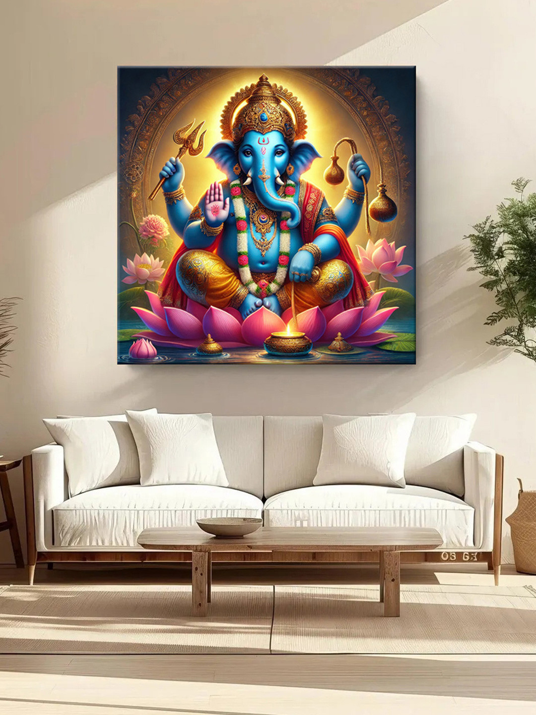 999Store Blue & Pink Lord Ganesha Holding Sacred Symbols Canvas Wall Paintings