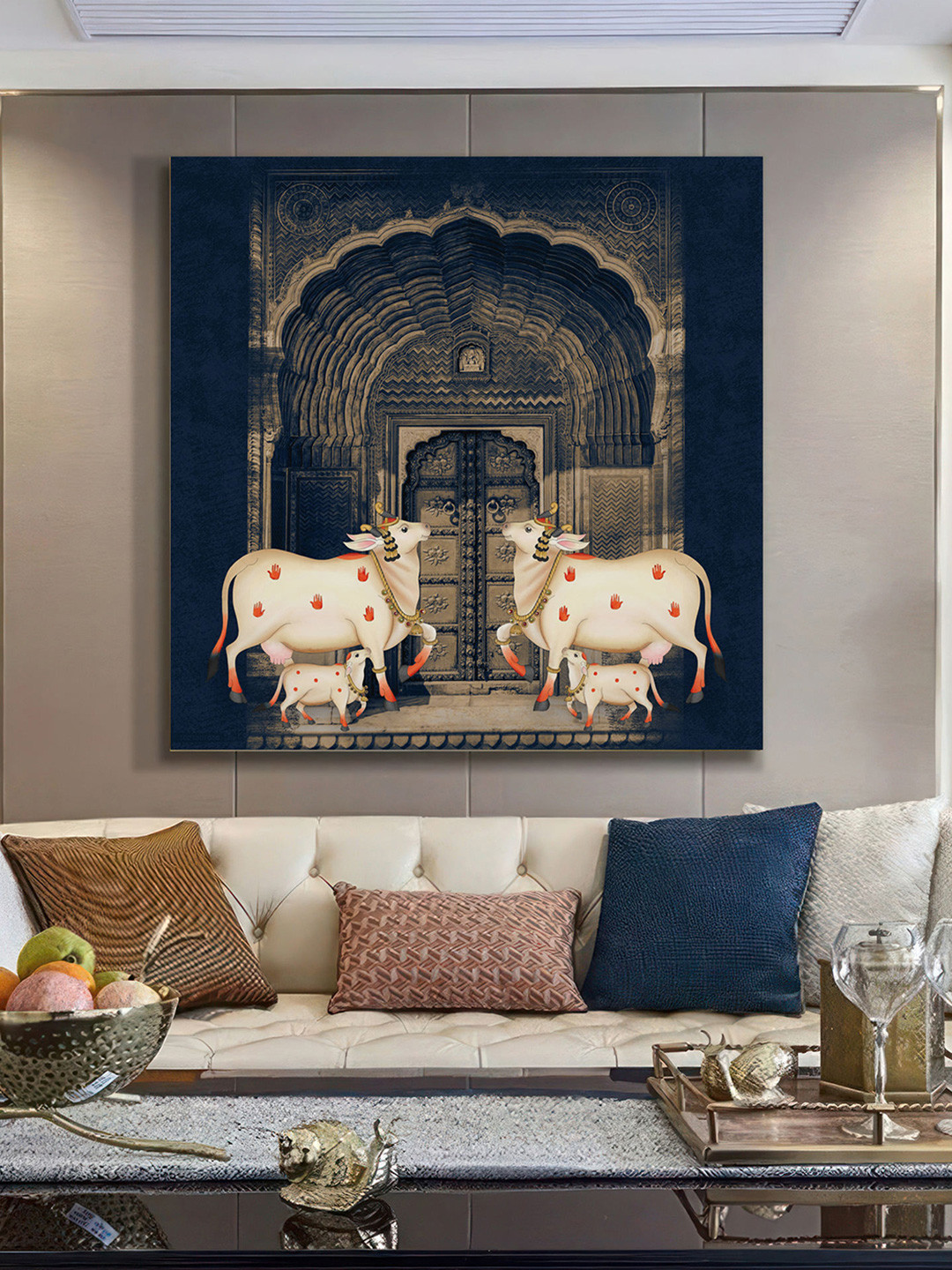 999Store Navy Blue & White Cows with Calves Canvas Traditional Wall Paintings