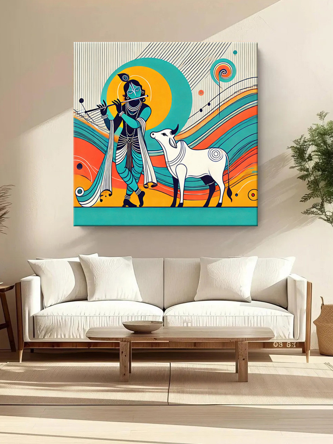 999Store Teal Green & White Lord Krishna & His Sacred Cow Canvas Religious Wall Paintings