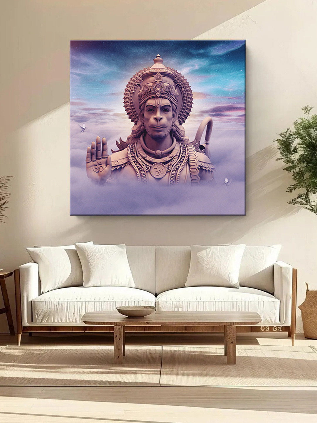 999Store Blue & Beige Chakra Meditation Hanuman Canvas Religious Wall Painting