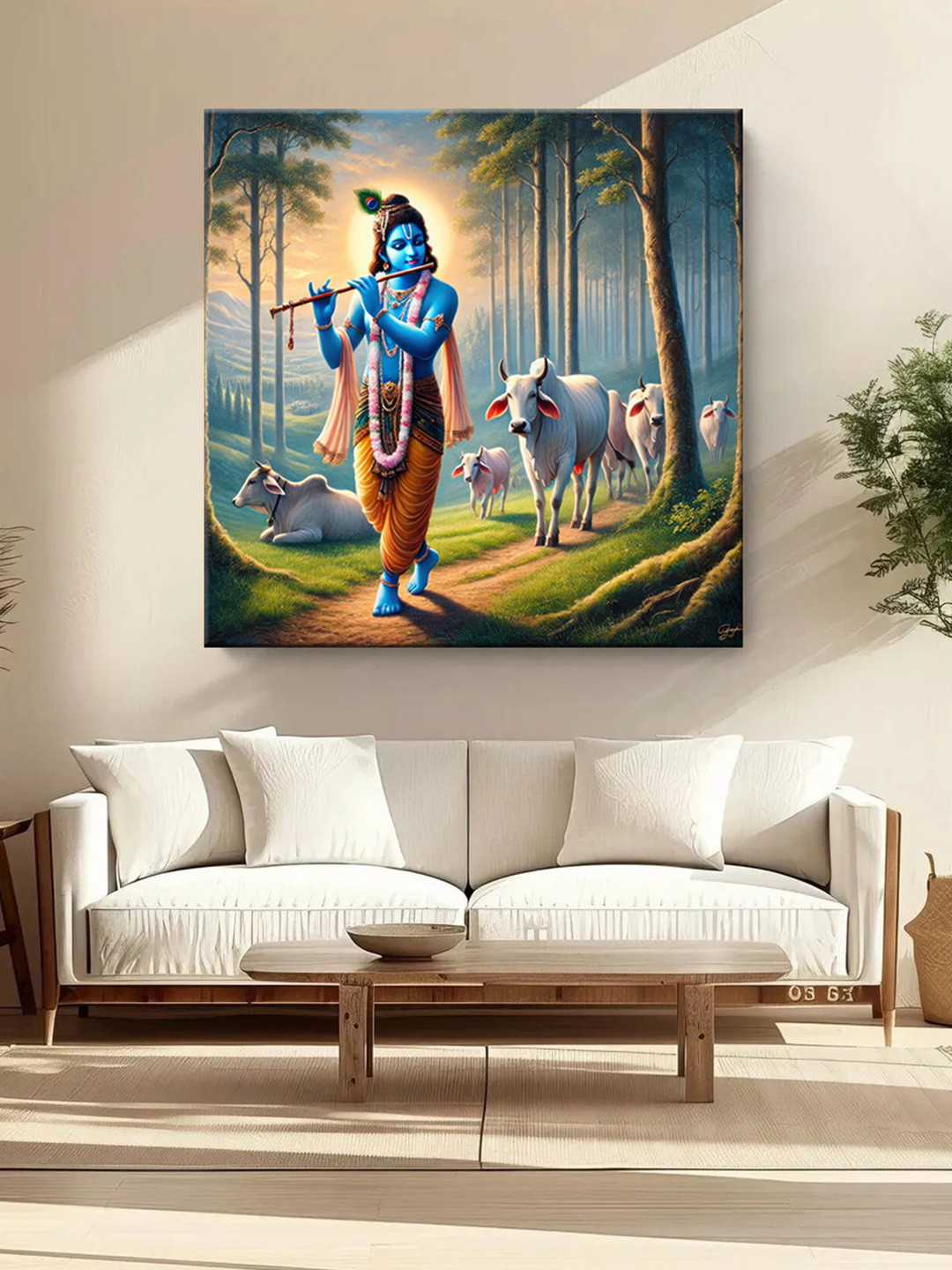999Store Lord Krishna With Cows Canvas Wall Square Paintings Wall Art - 36 x 36 In