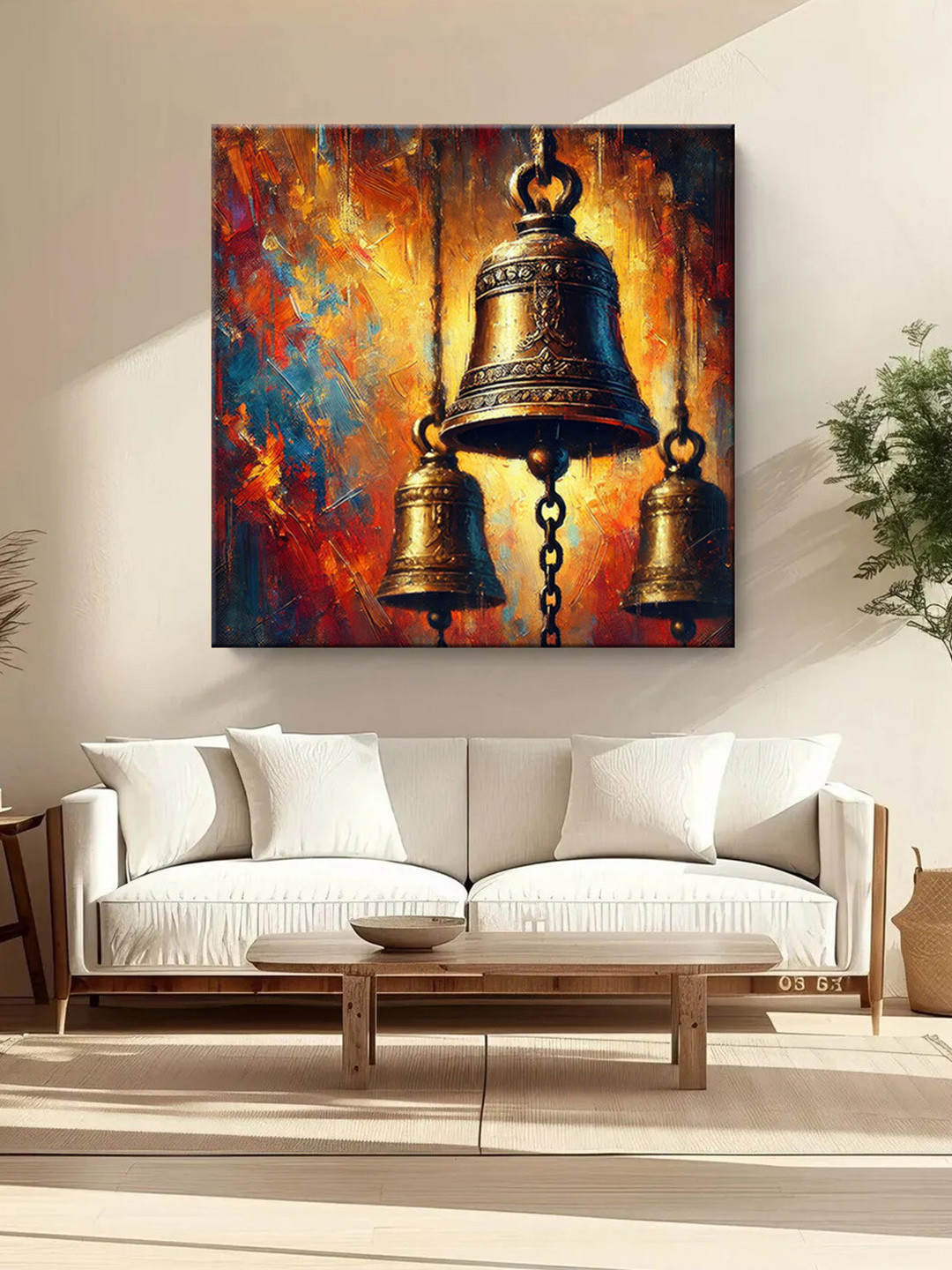 999Store Gold-Toned & Blue Temple Bells Canvas Wall Paintings