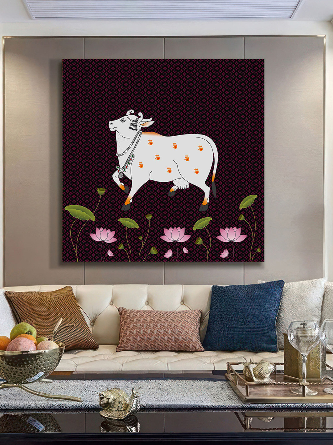 999Store Black & White Pichwai Cow Canvas Birds and Animals Wall Painting