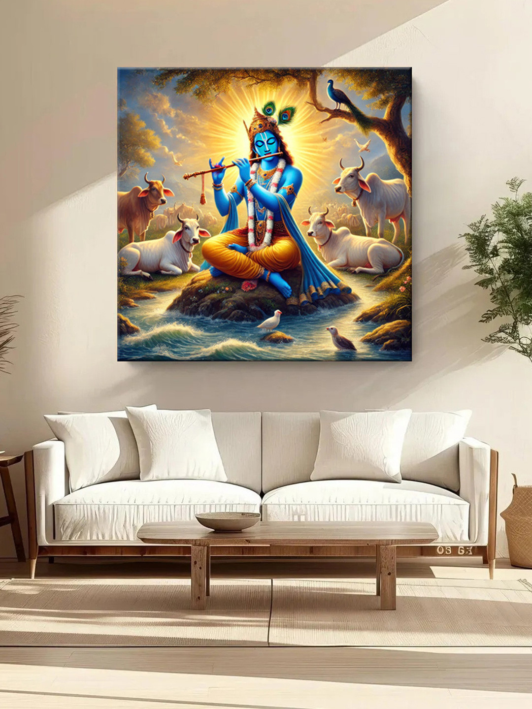 999Store Krishna Playing Flute Canvas Wall Square Paintings Wall Art - 36 x 36 In