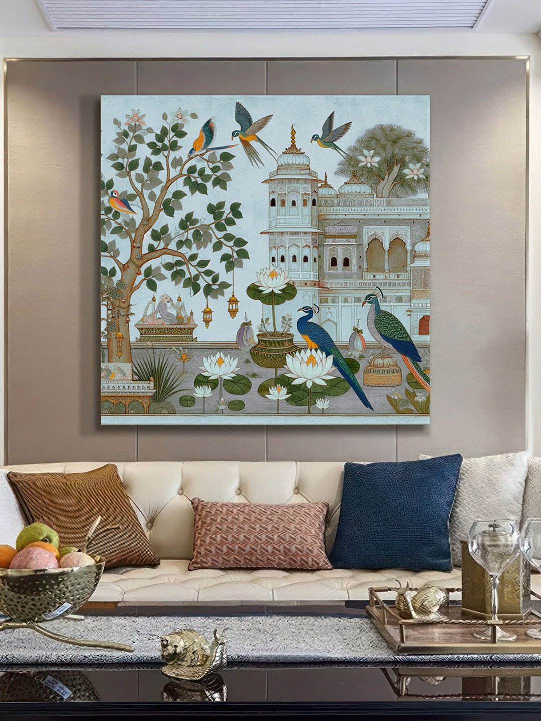 999Store Blue & Green Traditional Indian Garden Canvas Wall Paintings