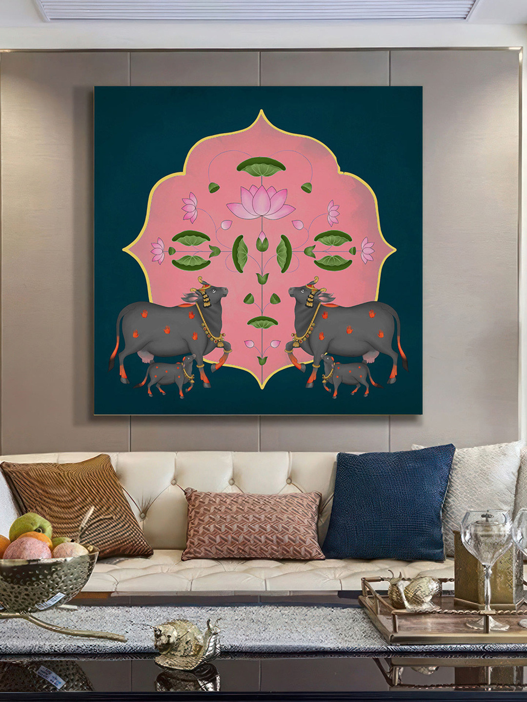 999Store Cow and Lotus Canvas Wall Square Paintings Wall Art - 36 x 36 In