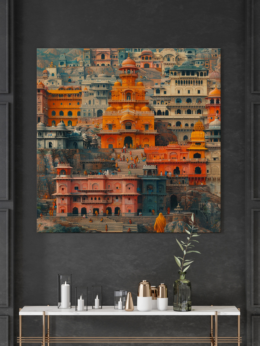 999Store Green & Orange Canvas architecture of the densely packed buildings Wall Painting