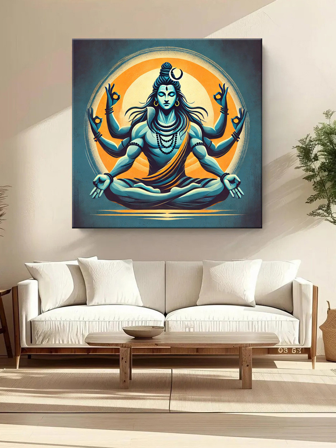 999Store Blue & Orange Divine Shivlinga Puja Religious Canvas Wall Painting