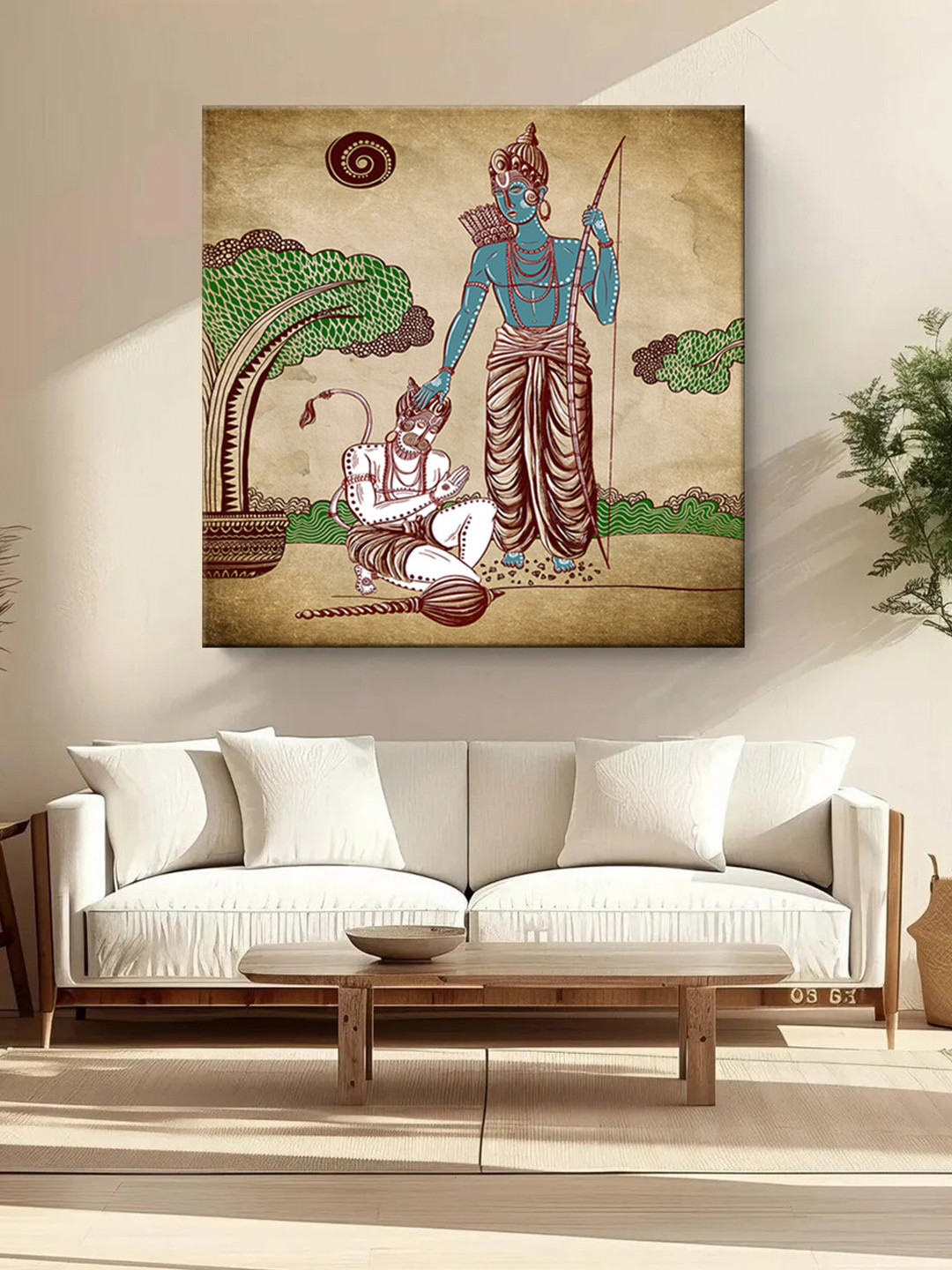 999Store Brown & Green Lord Hanuman & Lord Rama Canvas Religious Wall Paintings