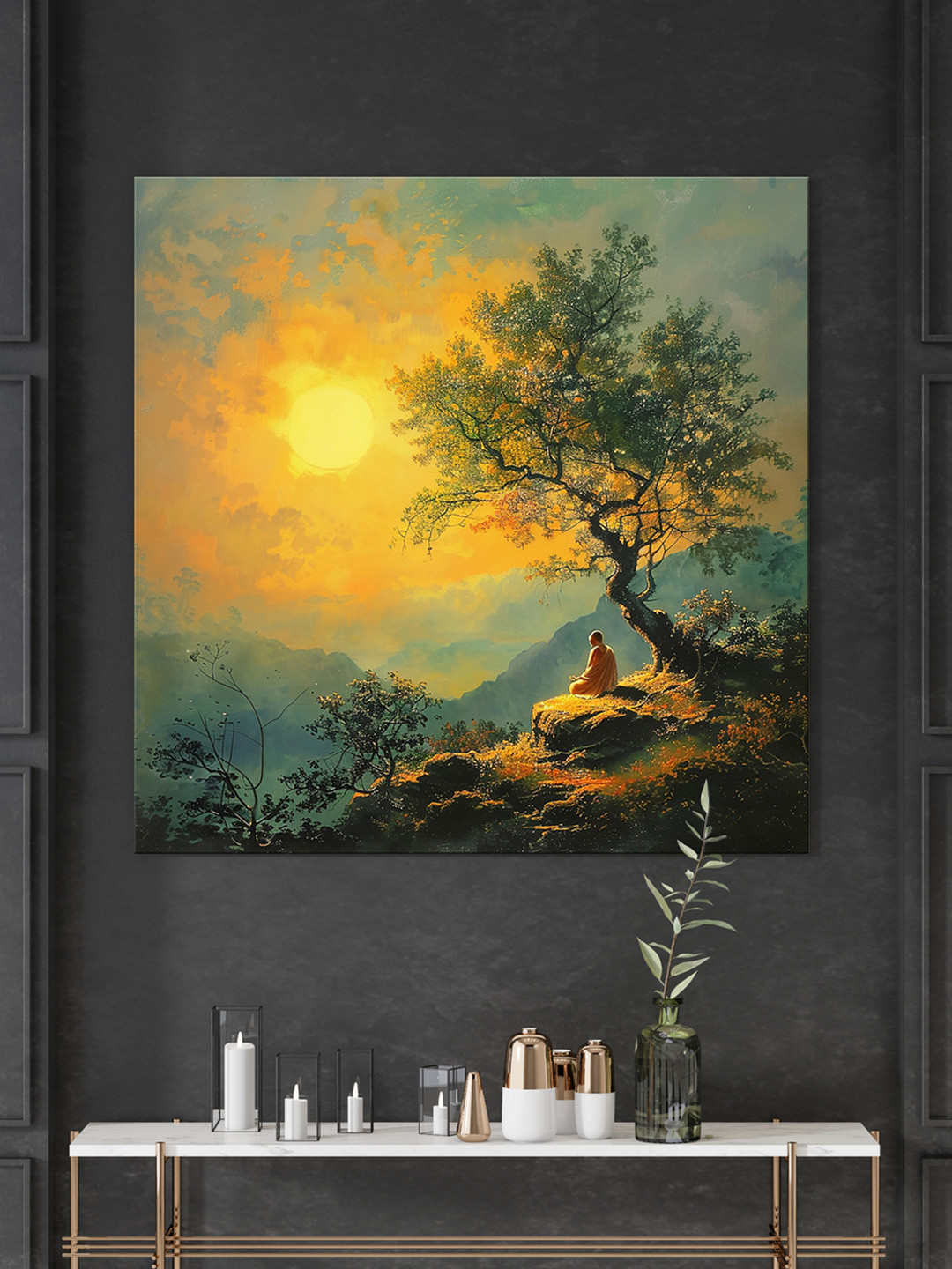 999Store Yellow & Green Sun And Tree Canvas Wall Paintings