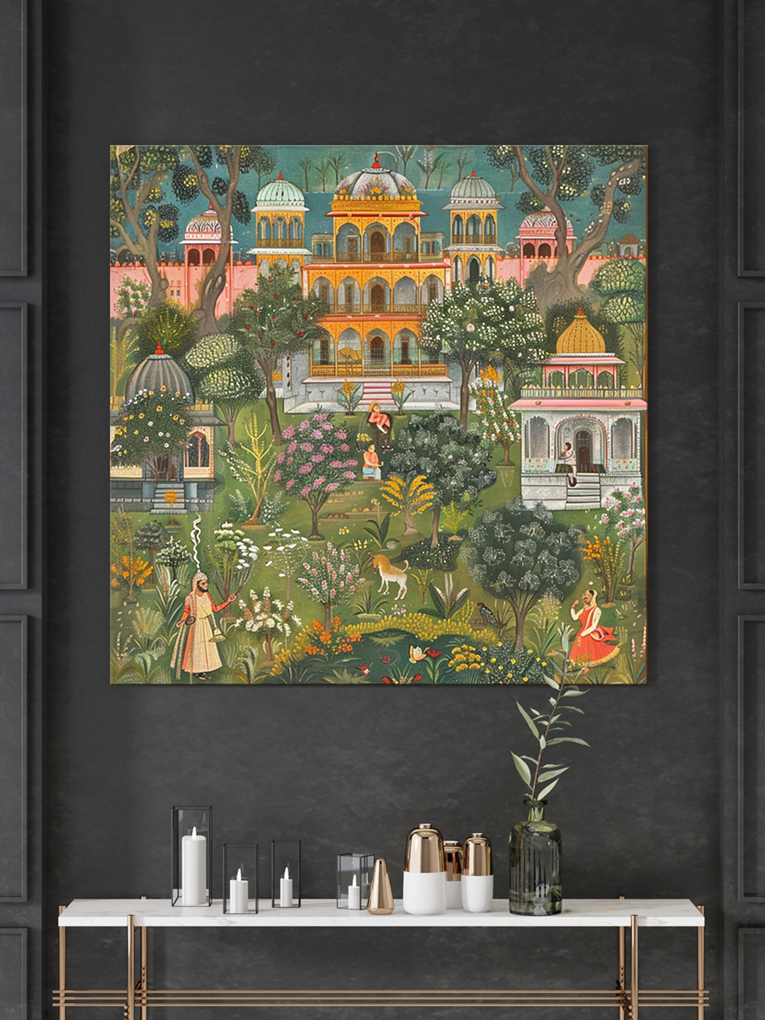 999Store Blue & Green Traditional Palace Mughal Paintings Canvas Wall Paintings