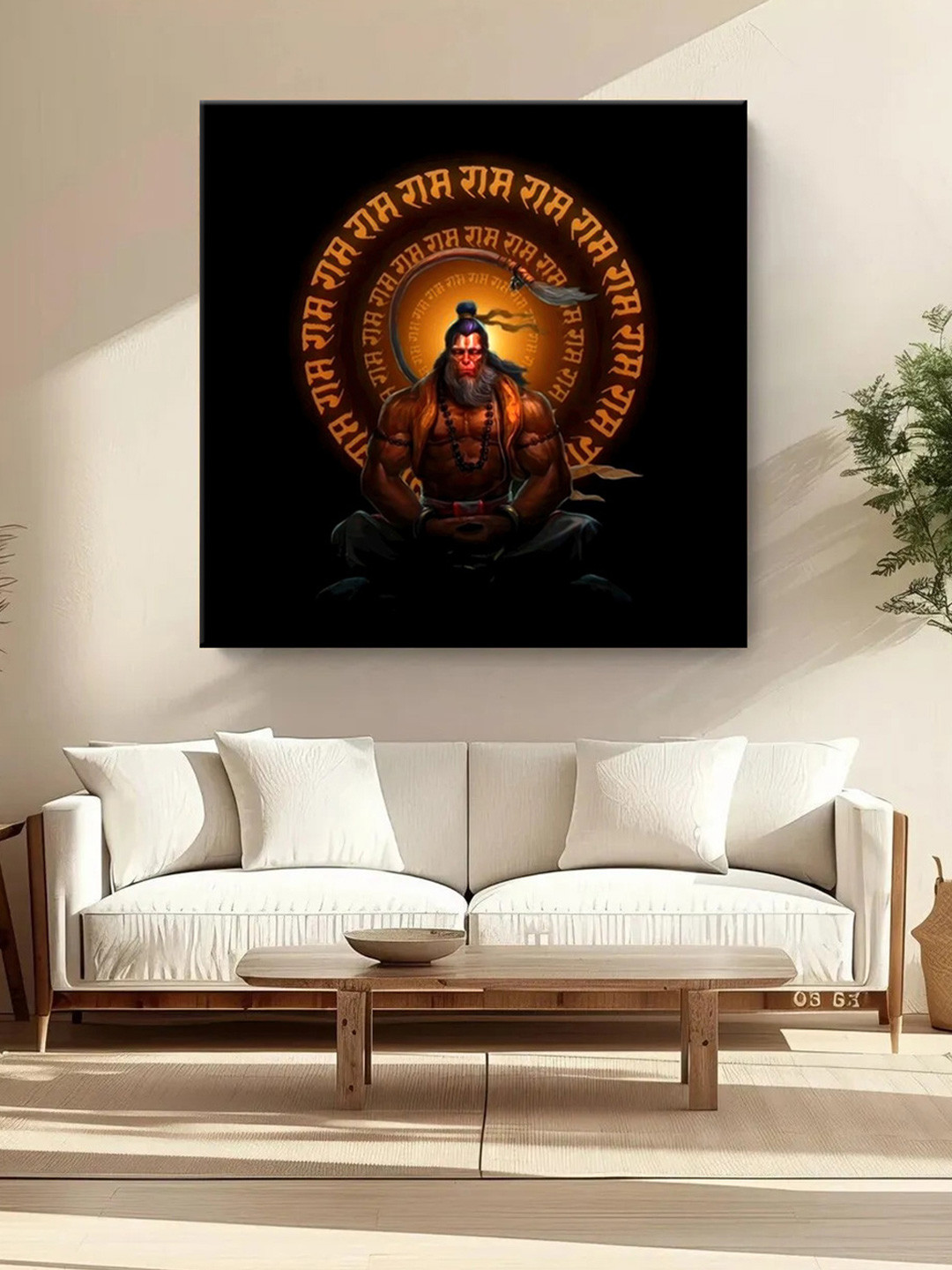 999Store Black & Orange Coloured Meditating Lord Hanuman Canvas Religious Wall Paintings