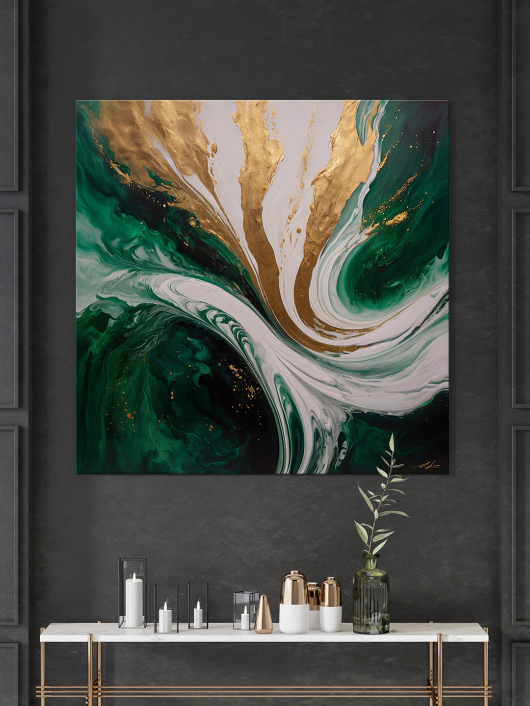 999Store Green & Gold-Toned Waves Canvas Abstract Wall Paintings