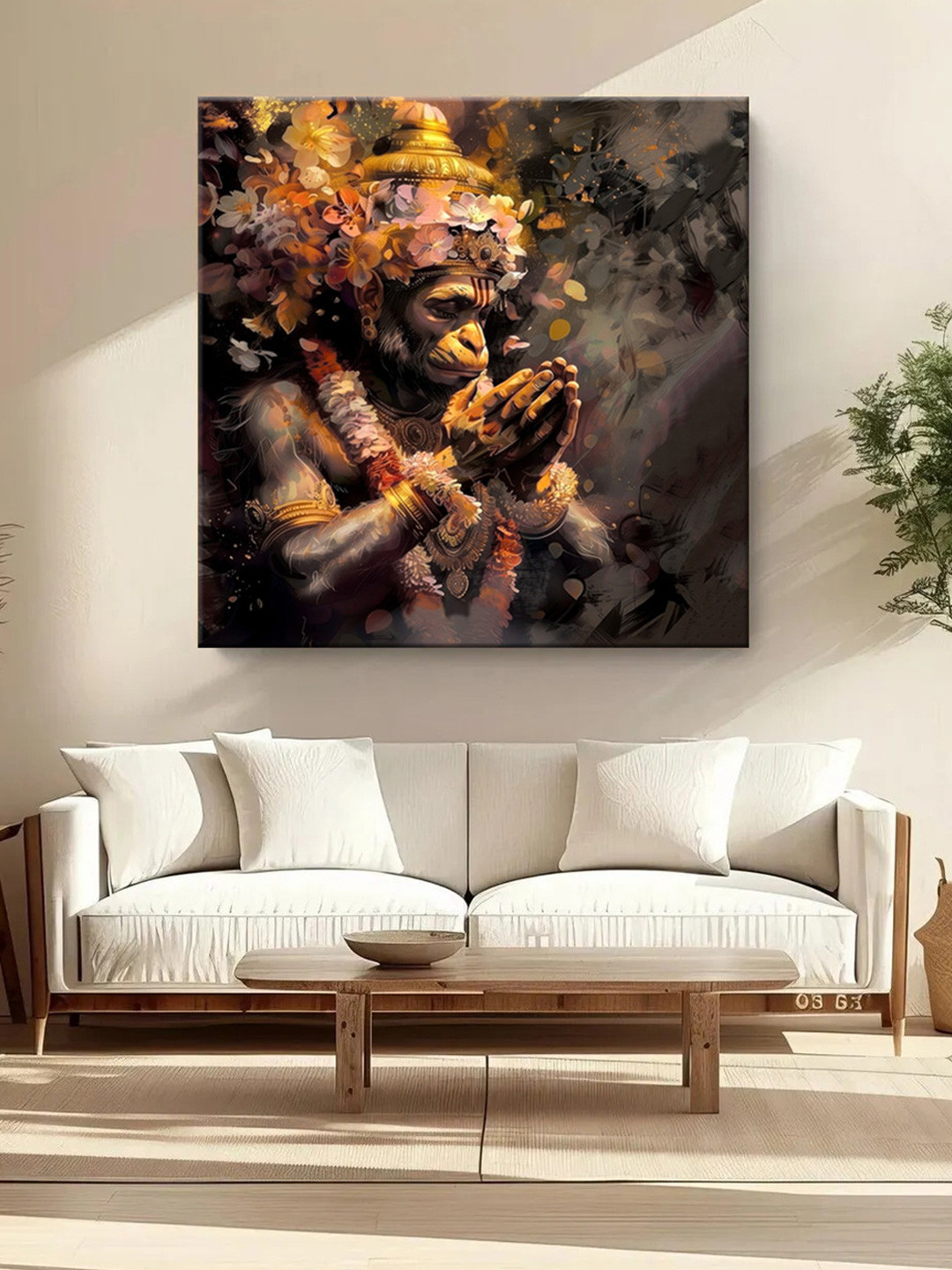 999Store Brown & Grey Canvas Hanuman in Deep Prayer Religious Wall Painting