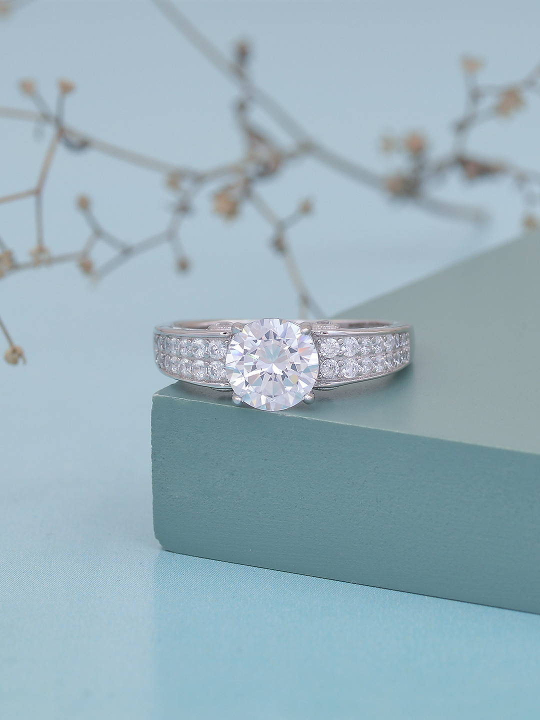 Ornate Jewels 925 Sterling Silver Rhodium-Plated AD and Solitaire Studded Finger Ring
