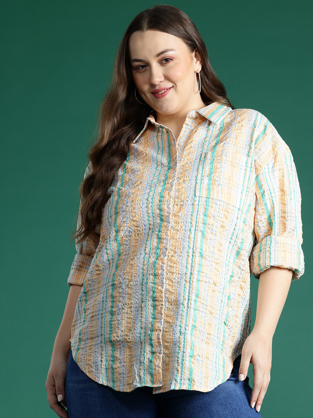 DressBerry Curve Plus Size Multi Stripes Seersucker Shirt