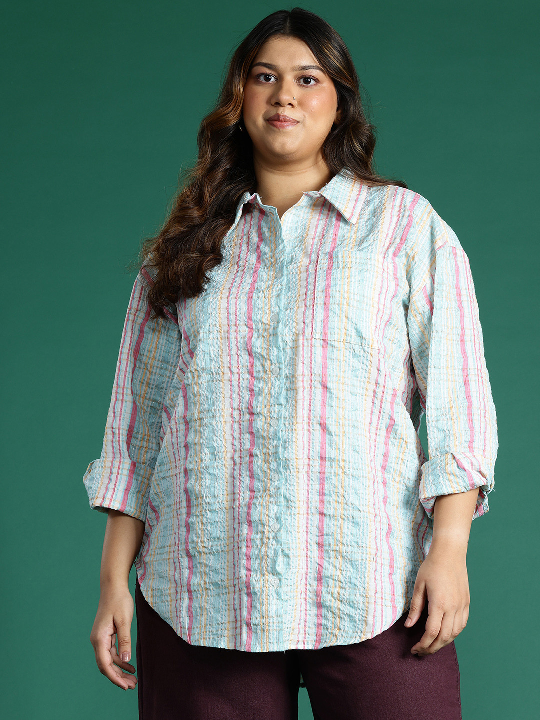 DressBerry Curve Plus Size Seersucker Striped Casual Shirt