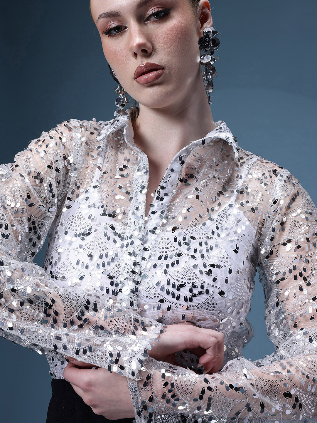 bebe Future Glam Sequin Embellished Sheer Party Shirt