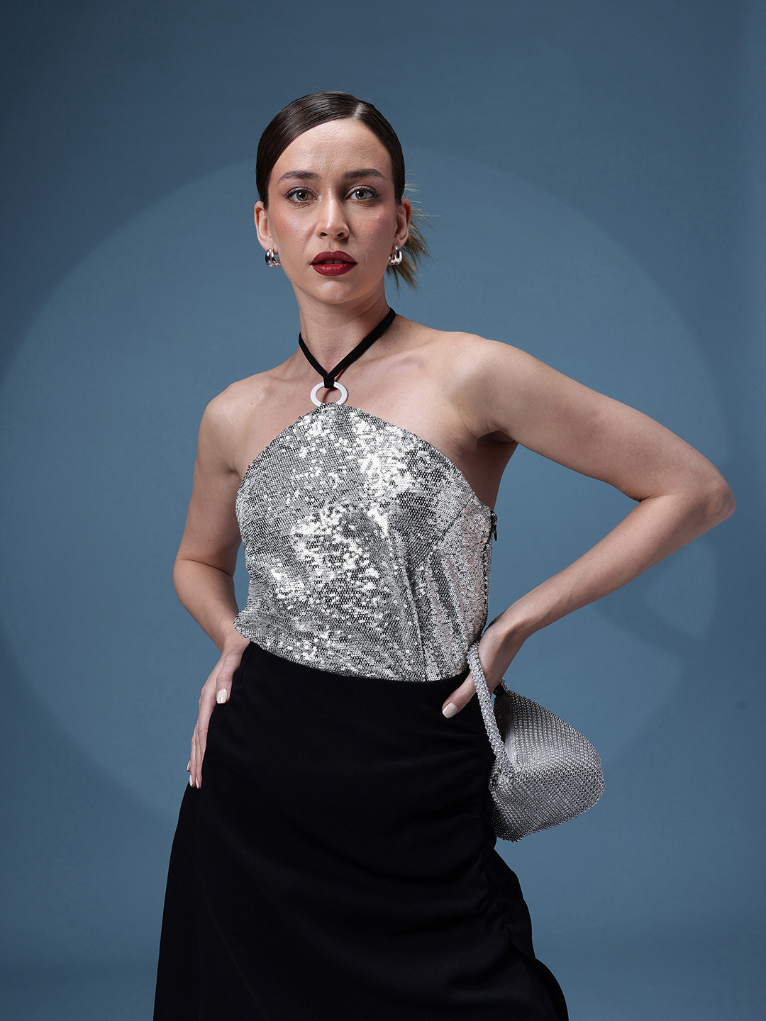 bebe Future Glam Sequinned Embellished Halter Neck Styled Back Party Top