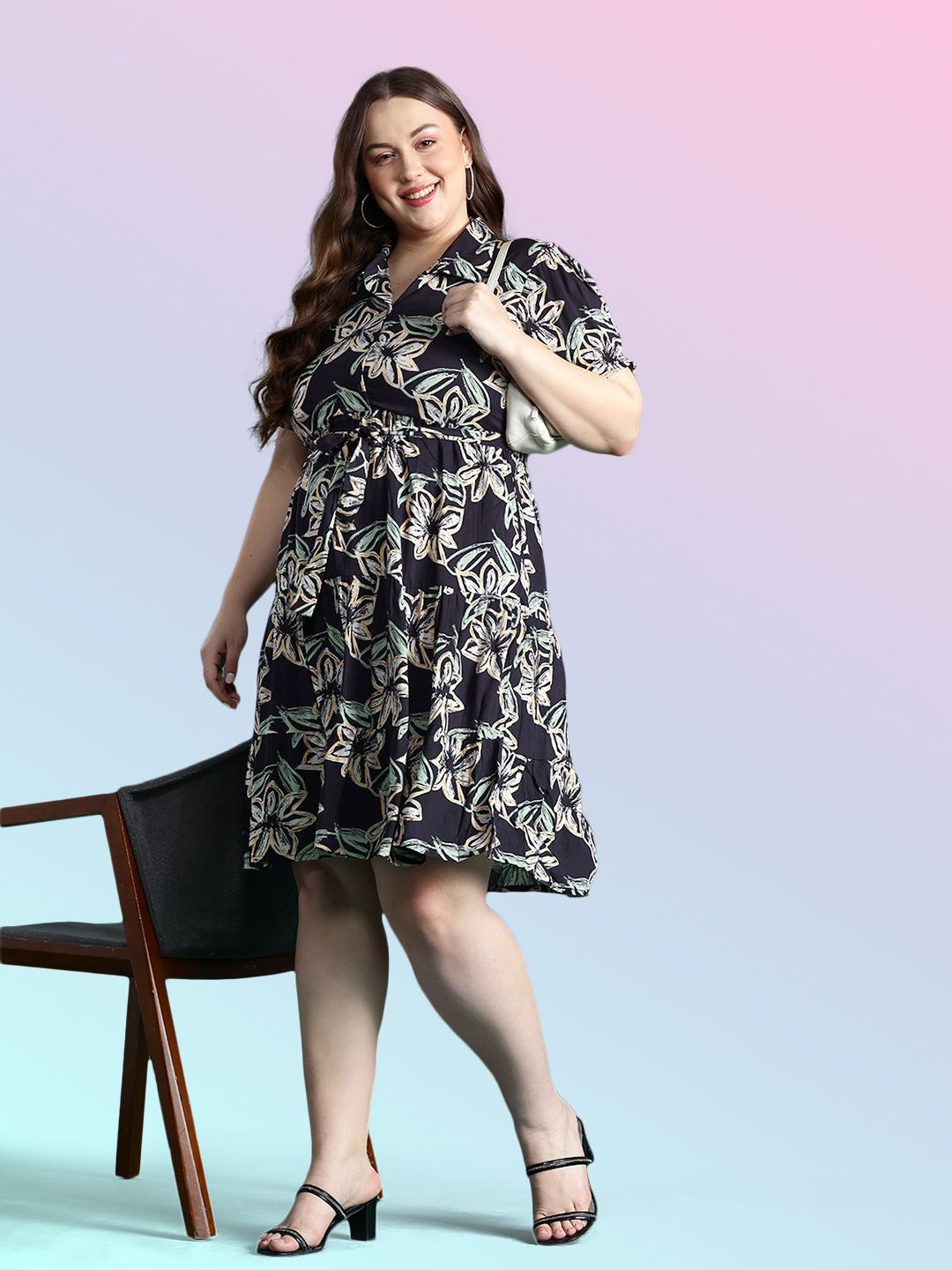 DressBerry Curve  Plus Size Printed Floral Shirt-Style Dress