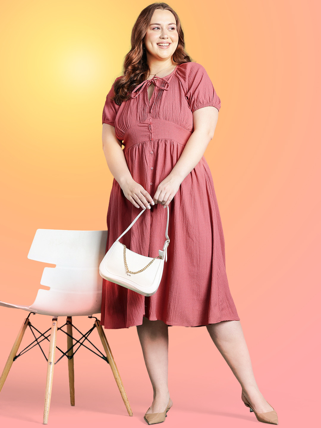 DressBerry Curve Tie-Up Neck Puff Sleeve Empire Midi Dress