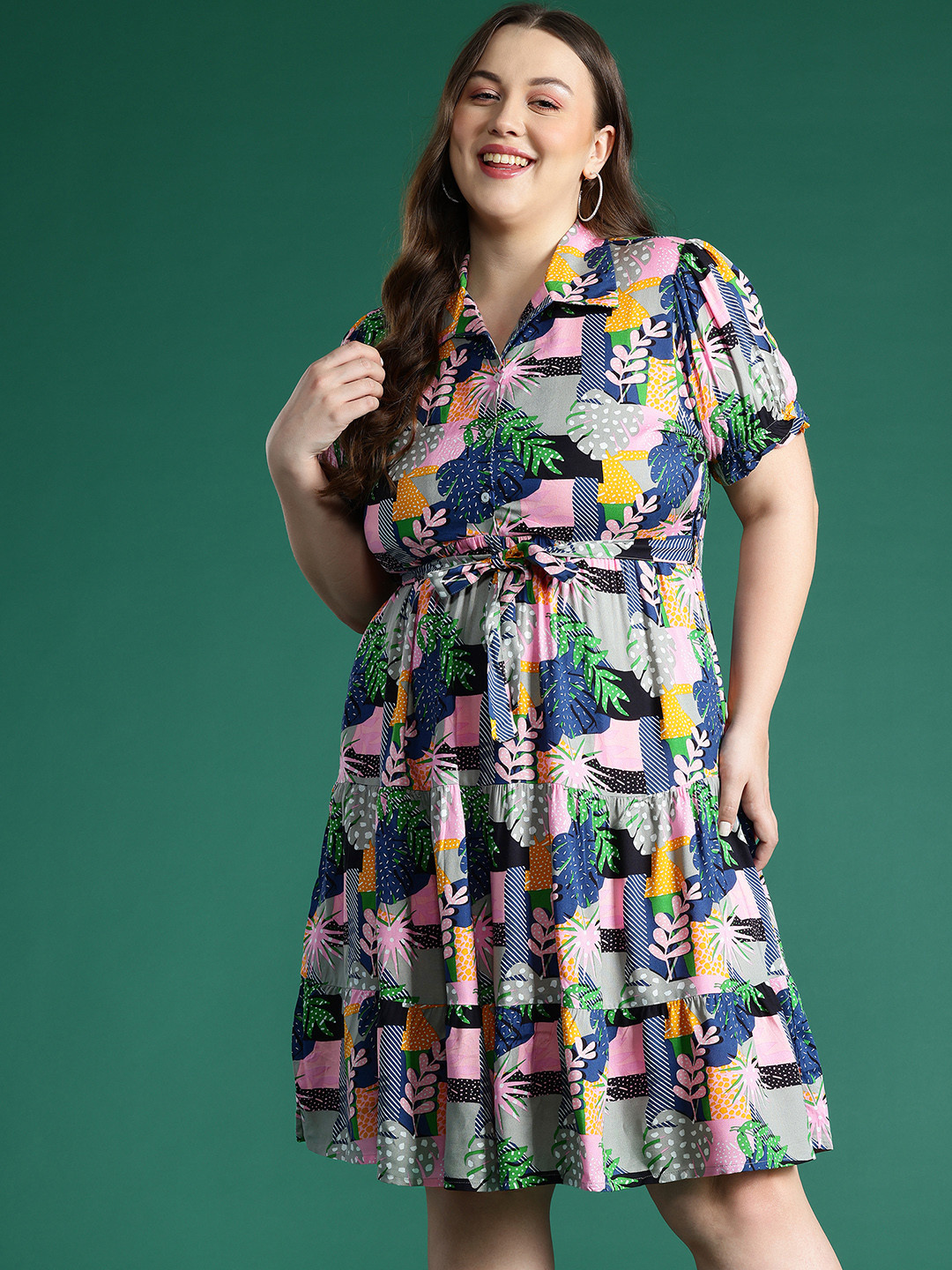 DressBerry Curve Plus Size Printed Tiered Shirt-Style Dress