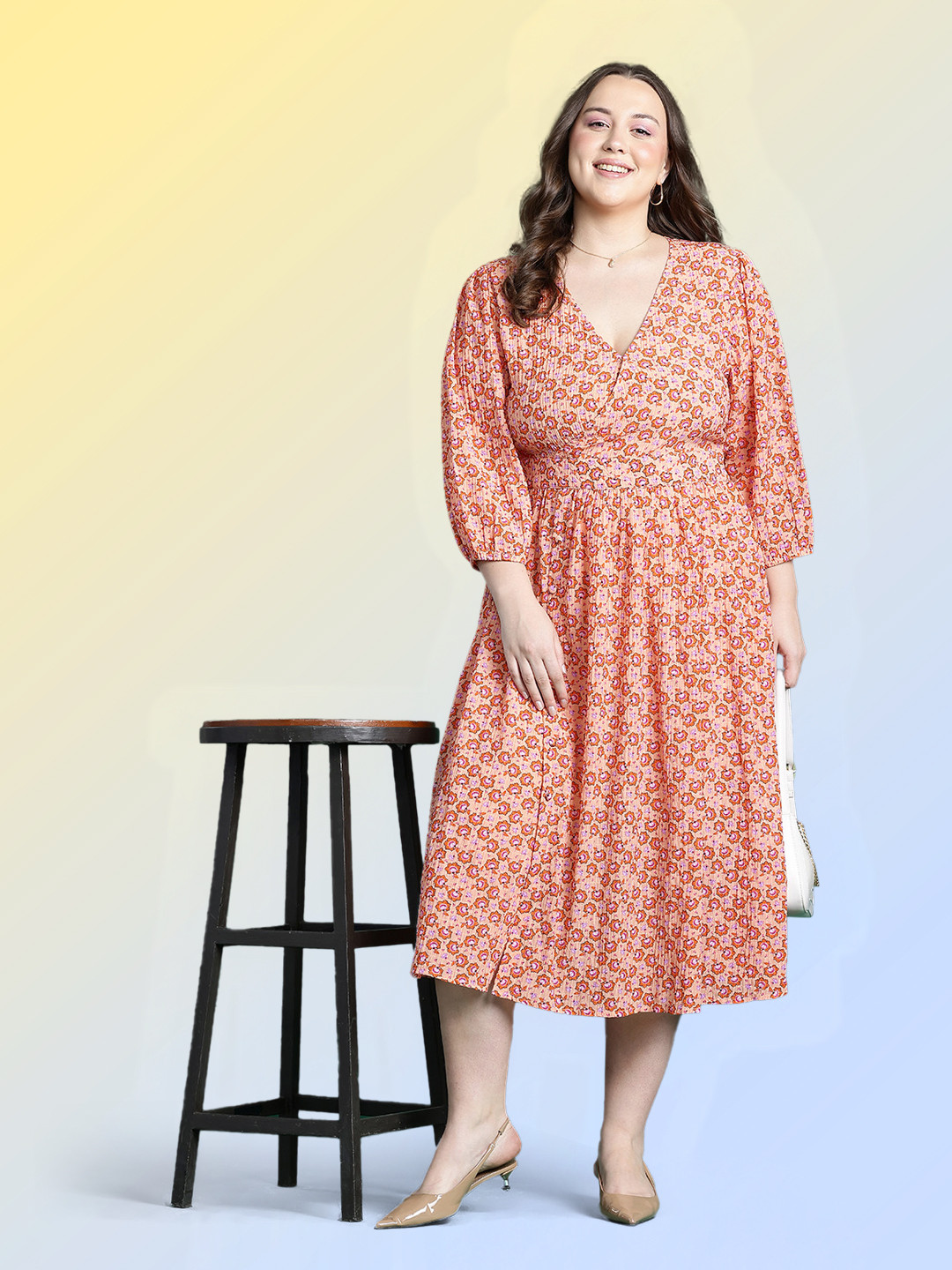 DressBerry Curve Floral Printed Puff Sleeve Textured Wrap Midi Dress