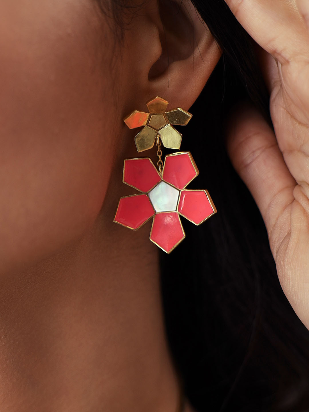 Varnika Arora Gold-Plated Geometric Mother of Pearl Drop Earrings
