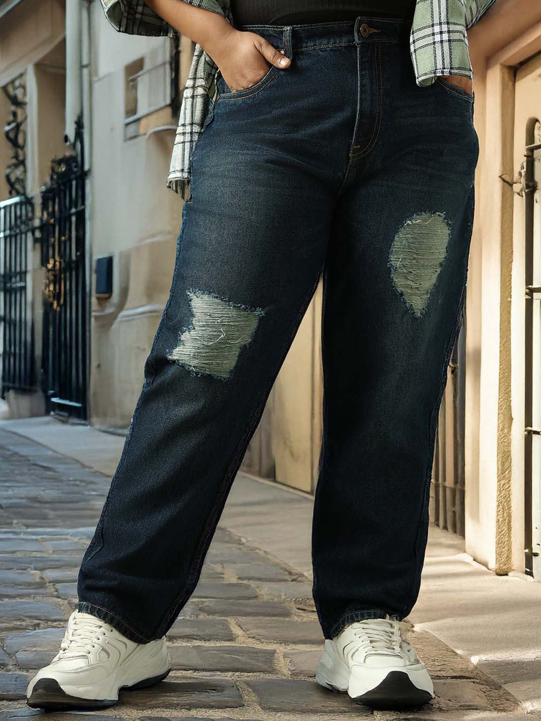 Freeform by High Star Women High-Rise Mom Fit Light Fade Heavy Distress Jeans