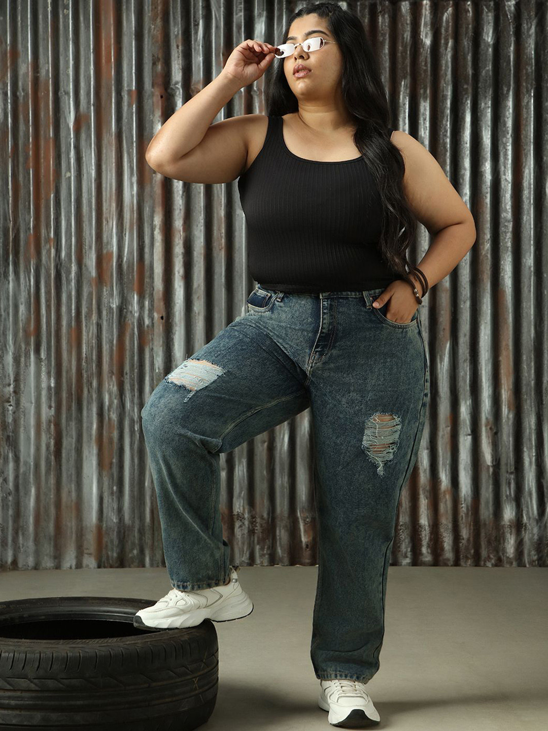 Freeform By High Star Women High-Rise Mom Fit Highly Distressed Light Fade Back Elasticated Jeans