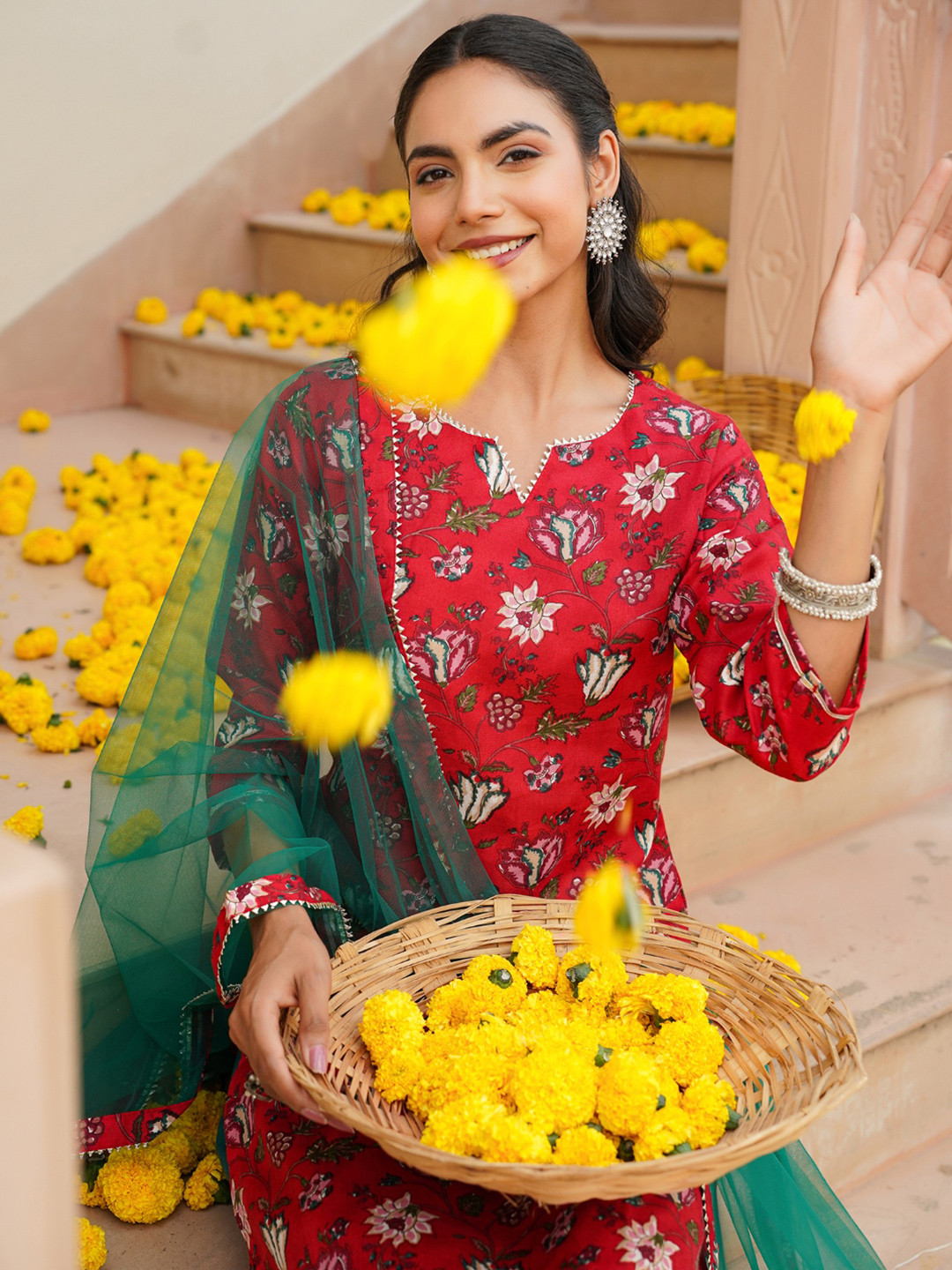 KALINI Red and Green Floral Printed Notch Neck Straight Kurta with Trouser & Dupatta