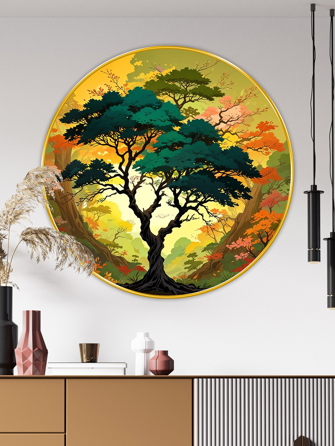 Aura Yellow & Green Floral and Botanical Round Shaped Wooden Wall Art