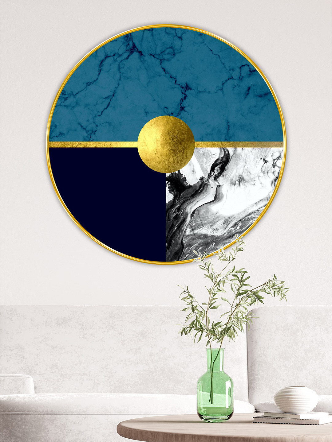 Aura Blue & Gold-Toned Abstract Round Shaped Wooden Wall Art