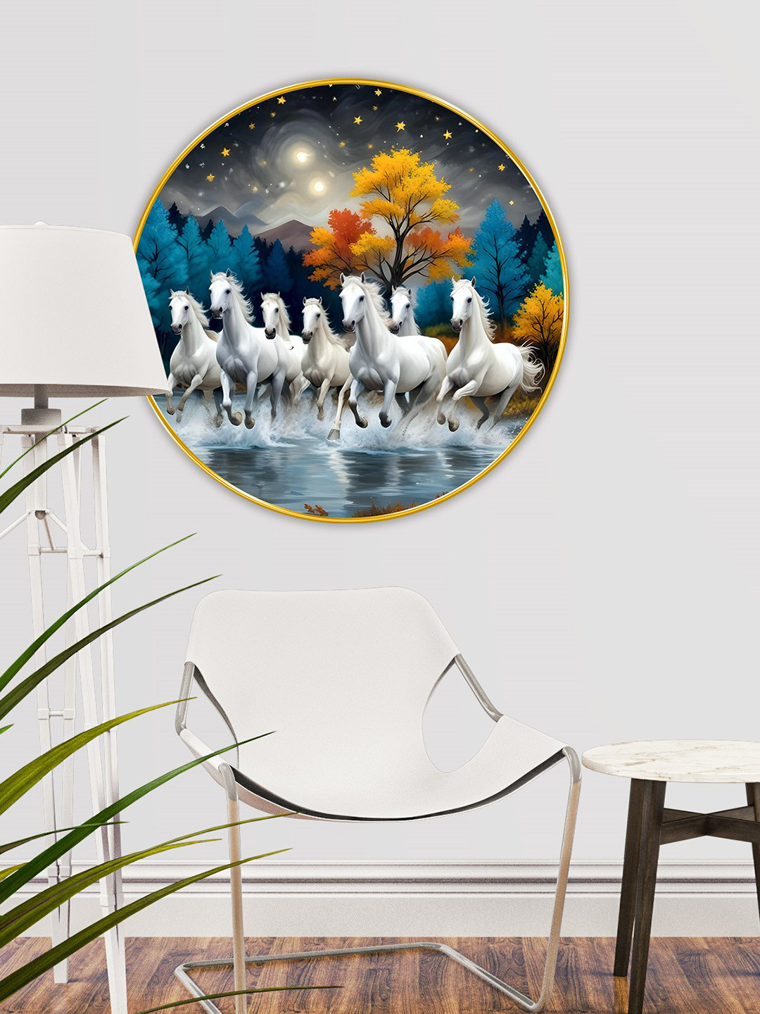 Aura Blue & White Seven Horse Round Shaped Wooden Wall Art