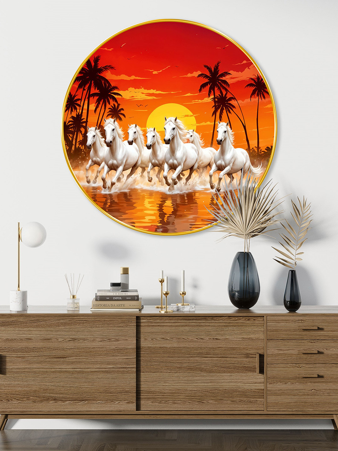 Aura Orange Coloured & White Seven Horse Round Shaped Wooden Wall Art