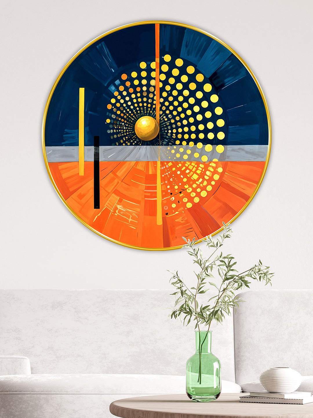 Aura Blue & Gold-Toned Round Shaped Wooden Modern Wall Art