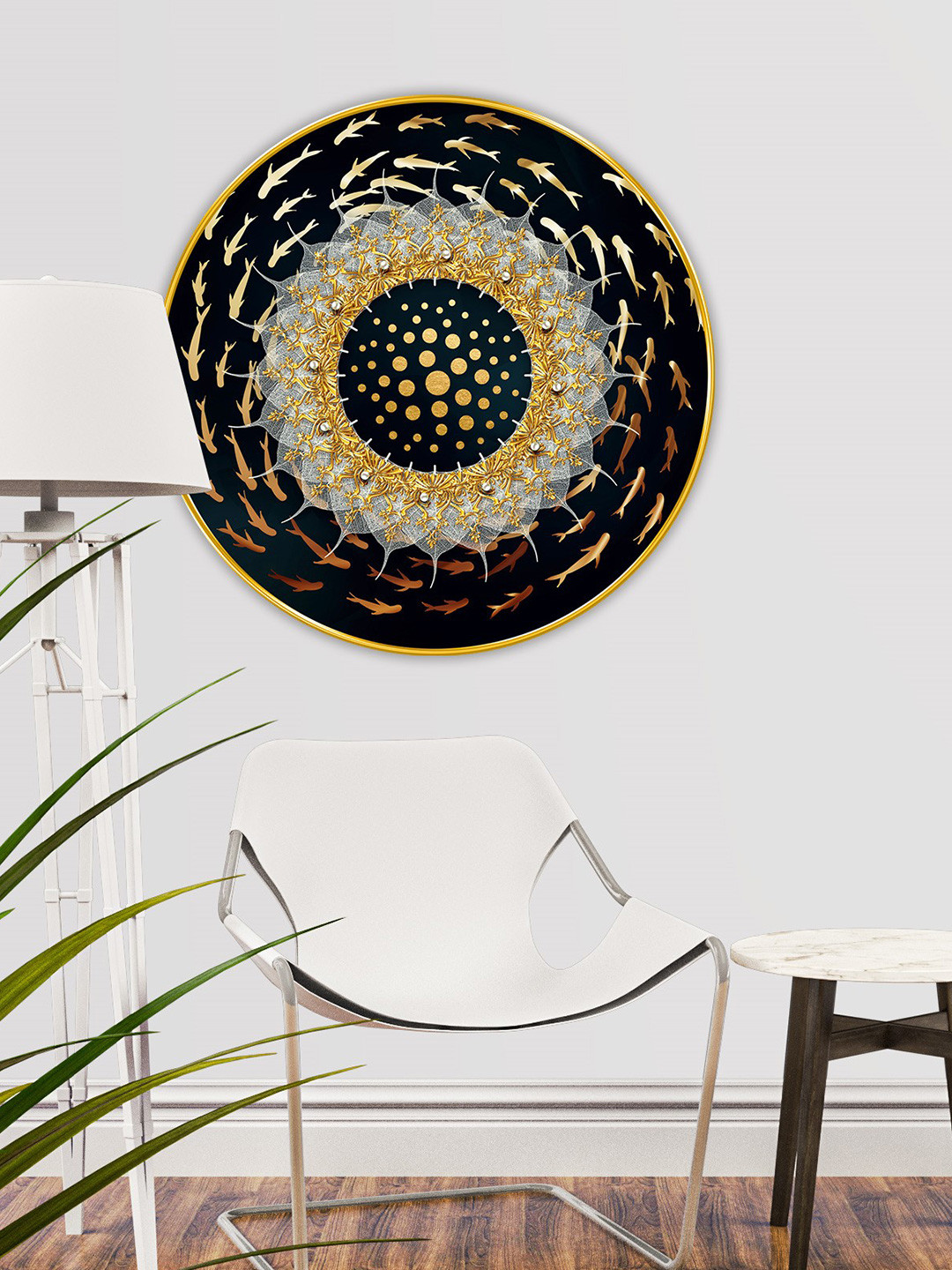 Aura Black & Gold-Toned Modern Art Round Shaped Wooden Wall Art