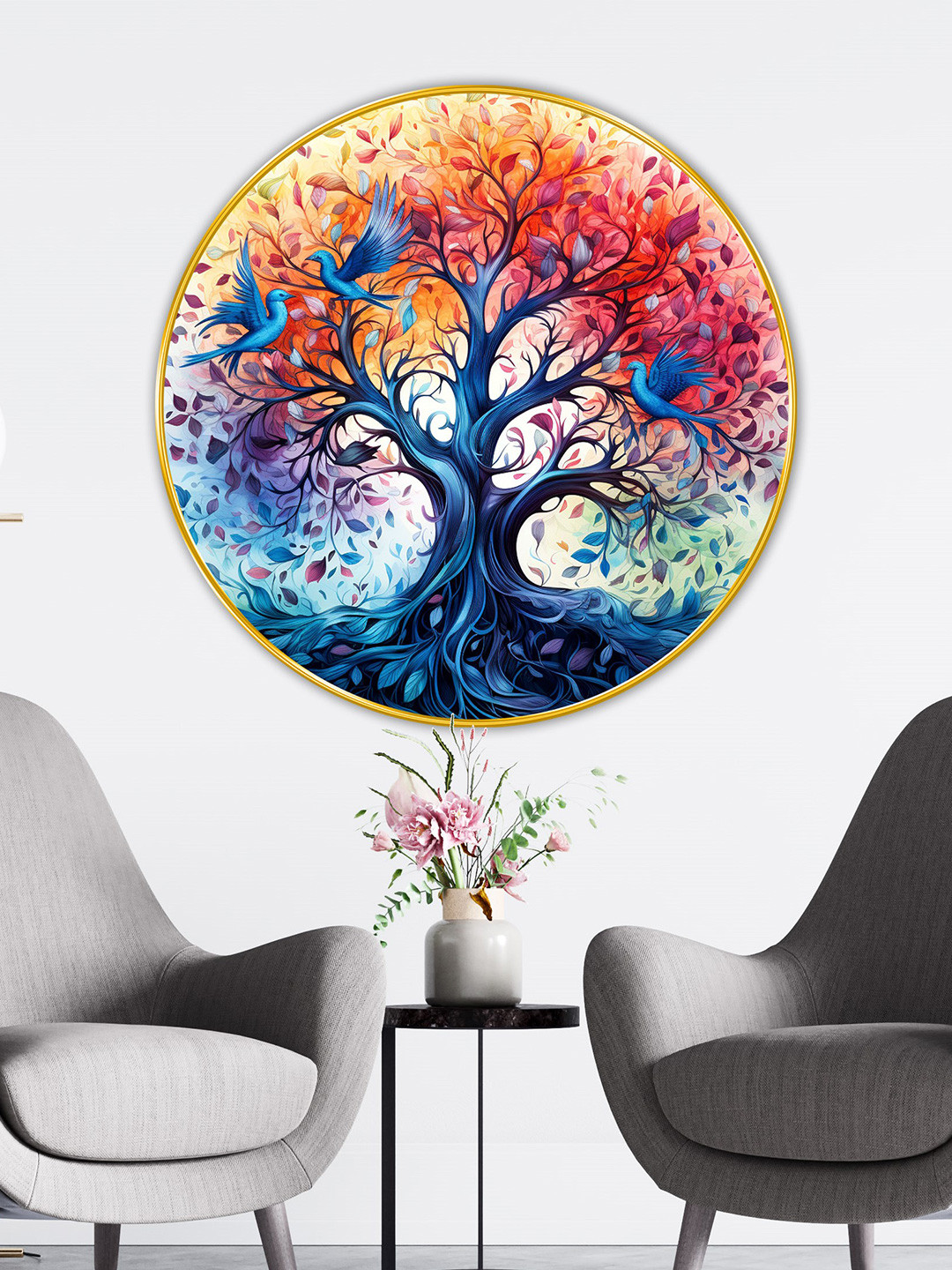 Aura Blue & White Floral and Botanical Round Shaped Wooden Wall Art