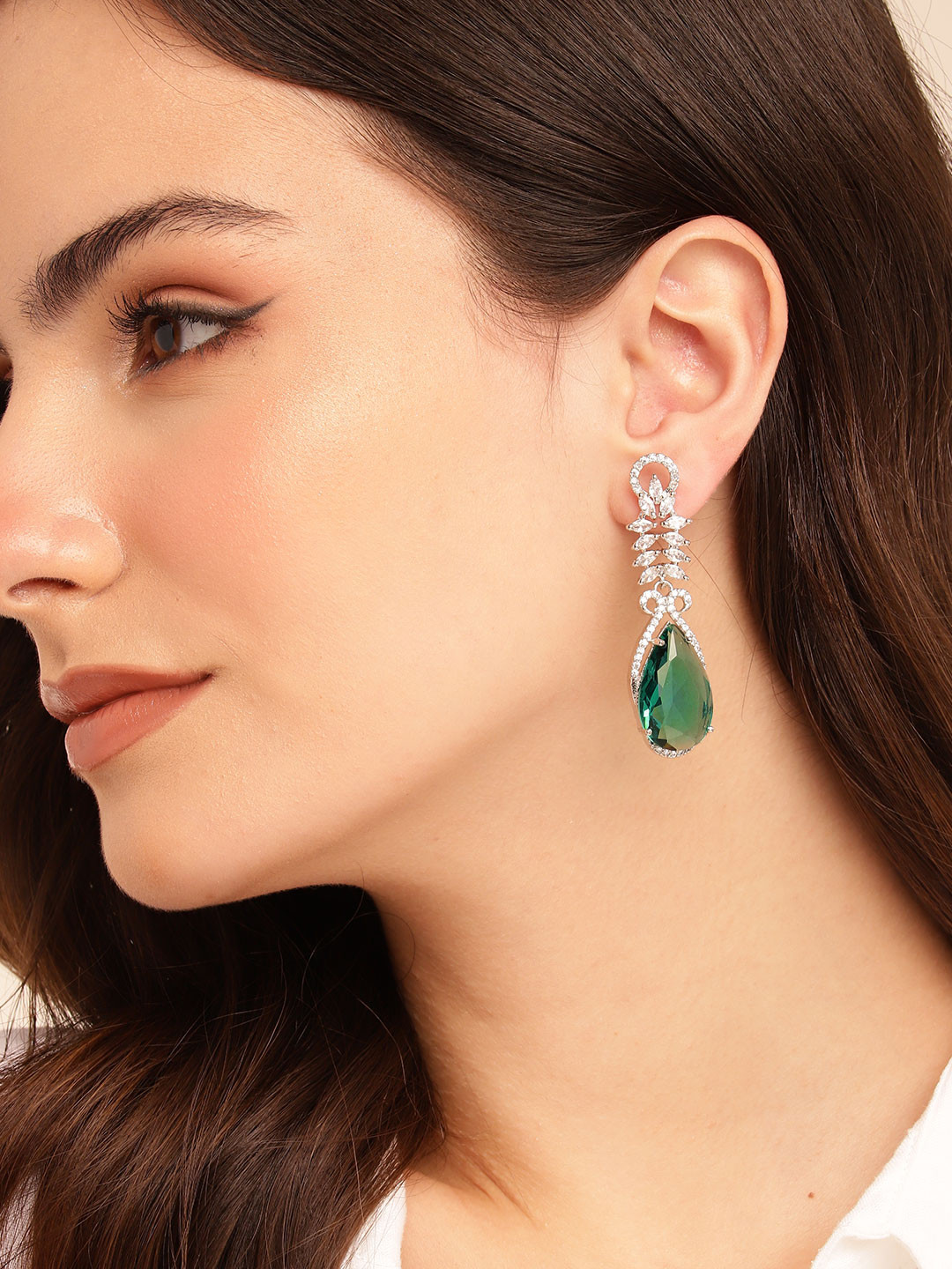 Anouk Classic Silver-Plated American Diamond Chandelier Drop Earrings